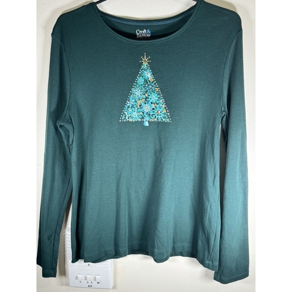 Croft and Barrow Women MED Hunter Green Holiday Bling Christmas Tree  T-Shirt. - Picture 2 of 6